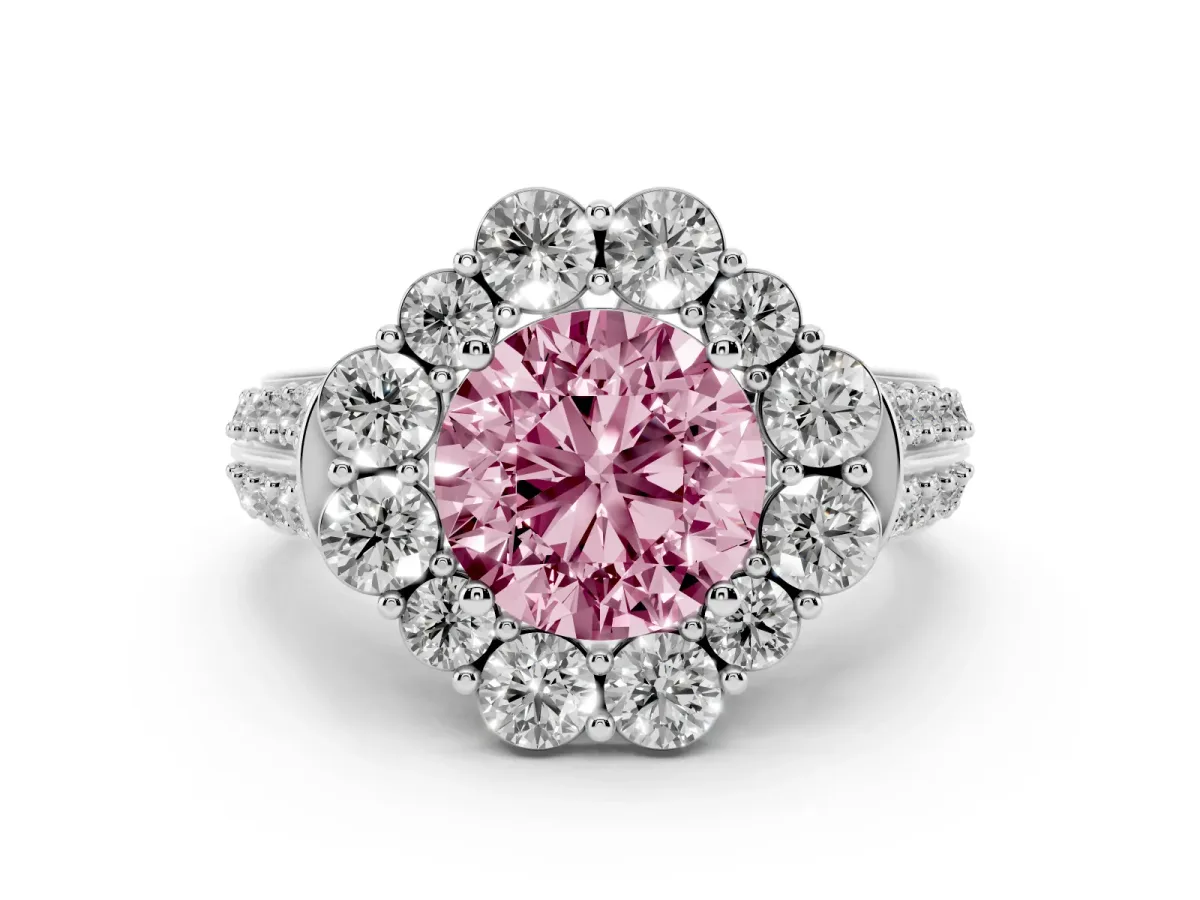 Fancy Pink Round Cut Halo Diamond Engagement Ring with Split Shank and Prong Setting Silver