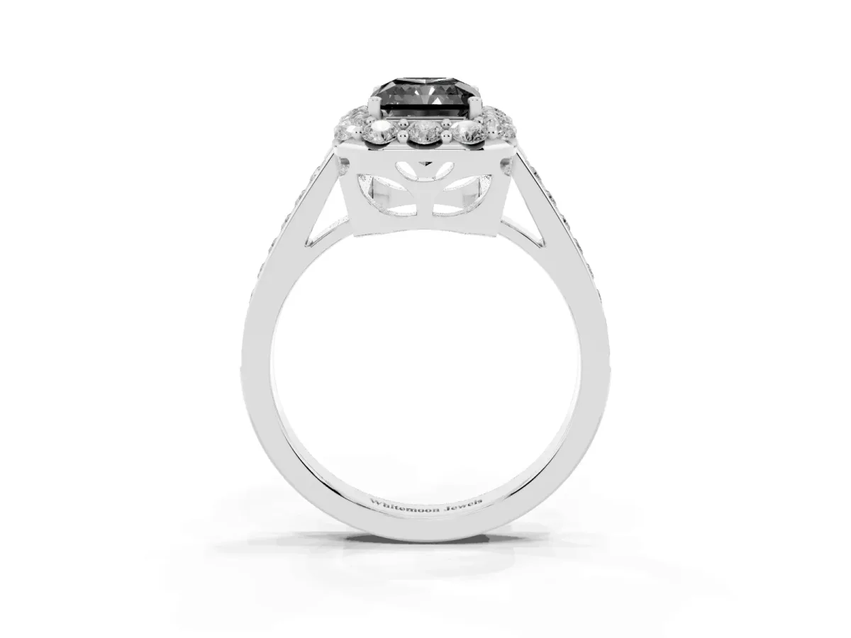 Fancy Black Radiant Cut Diamond Floral Halo Ring with Pavé Band and Prong Setting White gold