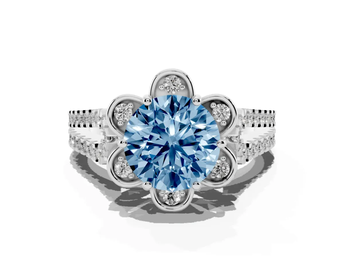 Fancy Blue Round Cut Halo Diamond Floral Split Shank Engagement Ring Silver