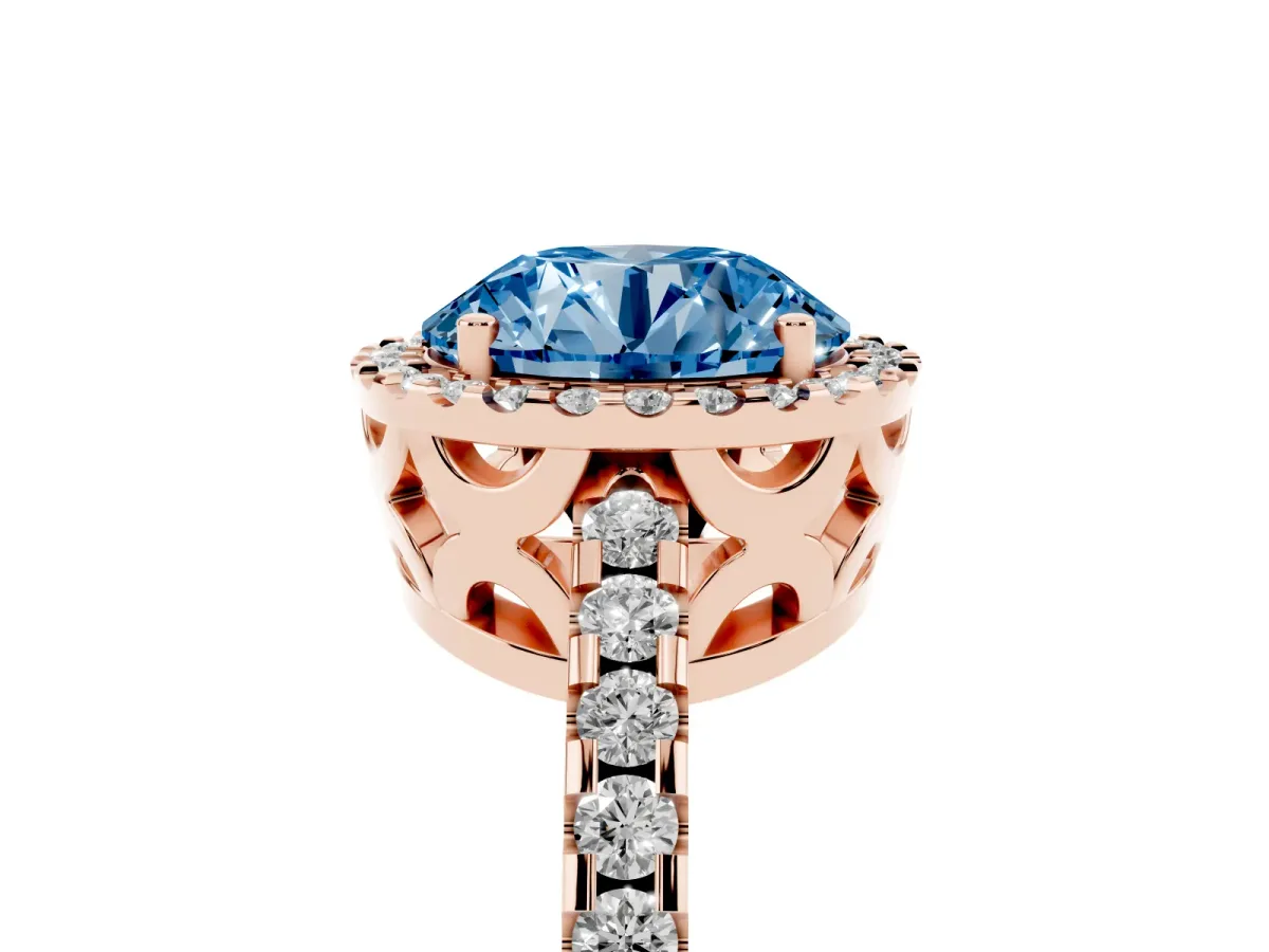 Fancy Blue Round Cut Diamond Halo Engagement Ring with Pavé Band and Prong Setting Rose gold