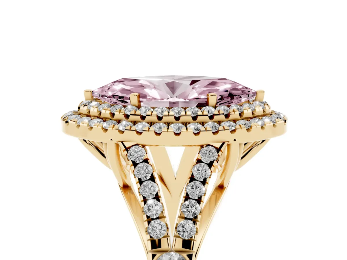 Fancy Pink Double Halo Marquise Cut Diamond Split Shank Engagement Ring with Four-Prong Setting Yellow gold