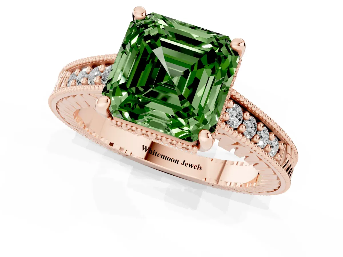 Fancy Green Asscher Cut Solitaire Pavé Diamond Milgrain Engagement Ring with Four-Prong Setting Rose gold