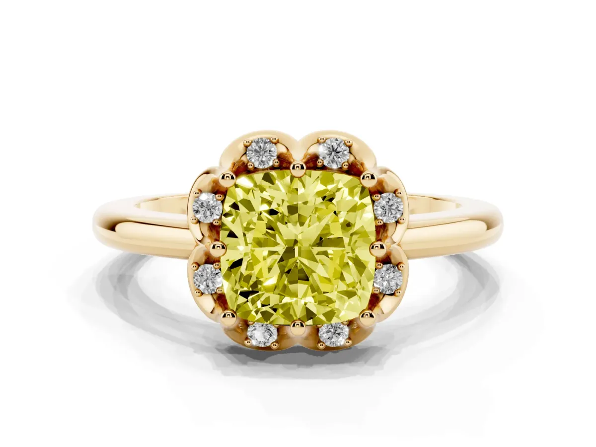 Fancy Yellow Cushion Cut Halo Diamond Ring with Round Cluster Setting, Solitaire Band, and Four-Prong Setting Yellow gold