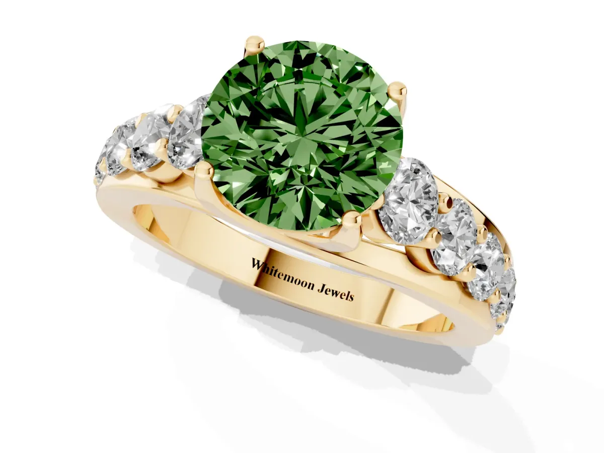 Fancy Green Round Cut Diamond Engagement Ring with Pavé Band and Four-Prong Setting Yellow gold