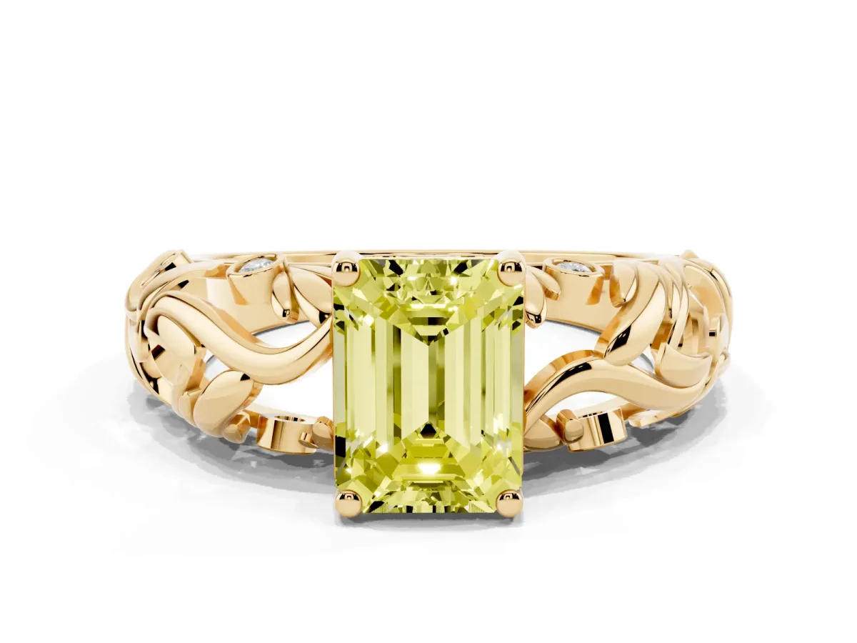 Fancy Yellow Emerald Cut Solitaire Diamond Leaf-Inspired Vine Band Ring with Prong Setting Yellow gold