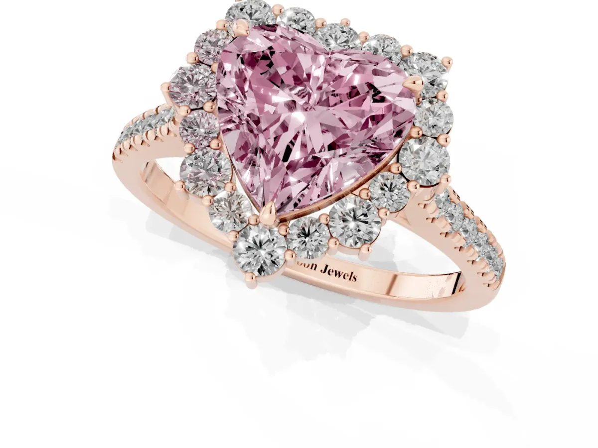 Fancy Pink Heart Cut Halo Diamond Ring with Pavé Band and Prong Setting Rose gold