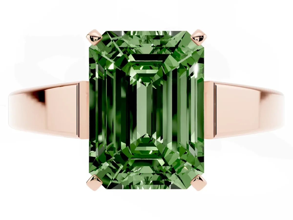 Fancy Green Emerald Cut Solitaire Engagement Ring with Four-Prong Setting and Tapered Band Rose gold