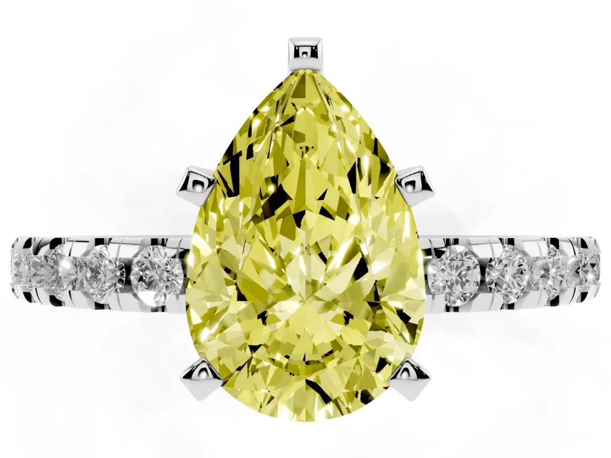 Fancy Yellow Pear Cut Diamond Solitaire Ring with Round Pavé Band and Four-Prong Setting Silver