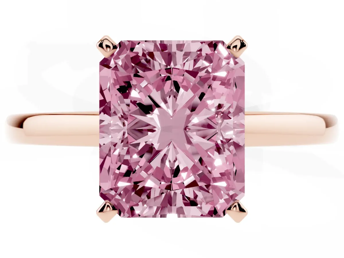 Fancy Pink Radiant Cut Solitaire Diamond Engagement Ring with Four-Prong Setting on a Classic Band Rose gold