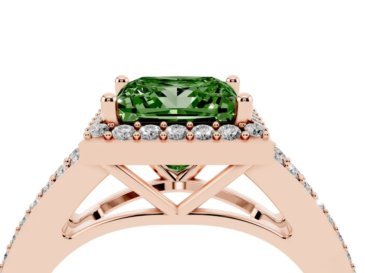 Fancy Green Princess Cut Halo Split Shank Diamond Ring with Prong Setting Rose gold