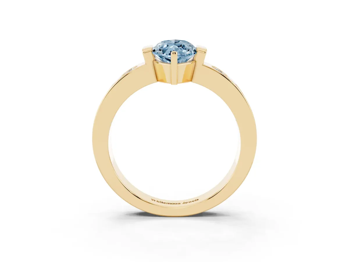 Fancy Blue Marquise Cut Brilliant Channel-Set Diamond Ring with Bezel Prong Setting Yellow gold