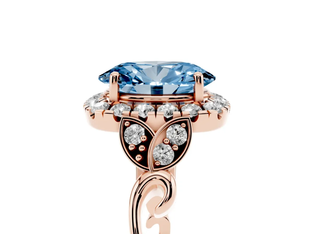 Fancy Blue Oval Cut Halo Diamond Engagement Ring with Vintage-Inspired Band and Four-Prong Setting Rose gold