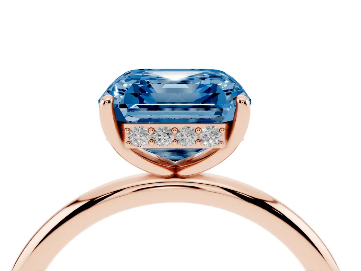 Fancy Blue Asscher Cut Solitaire Diamond Ring with a Classic Band and Four-Prong Setting Rose gold