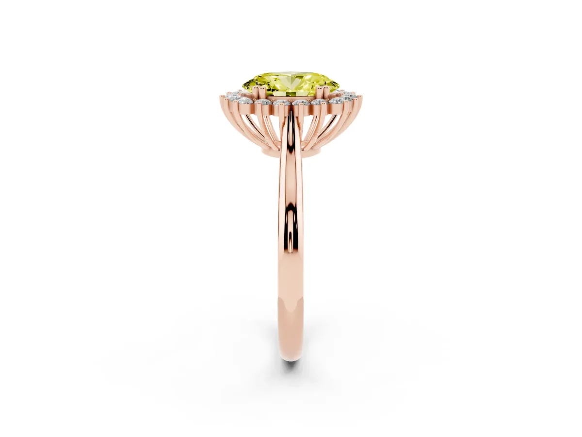 Fancy Yellow Oval Cut Cut Diamond Halo Ring with Solitaire Band and Prong Setting Rose gold