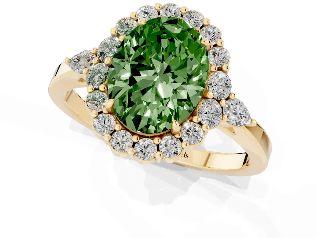 Fancy Green Oval Cut Diamond Halo Ring with Pear Side Stones and Prong Setting Yellow gold