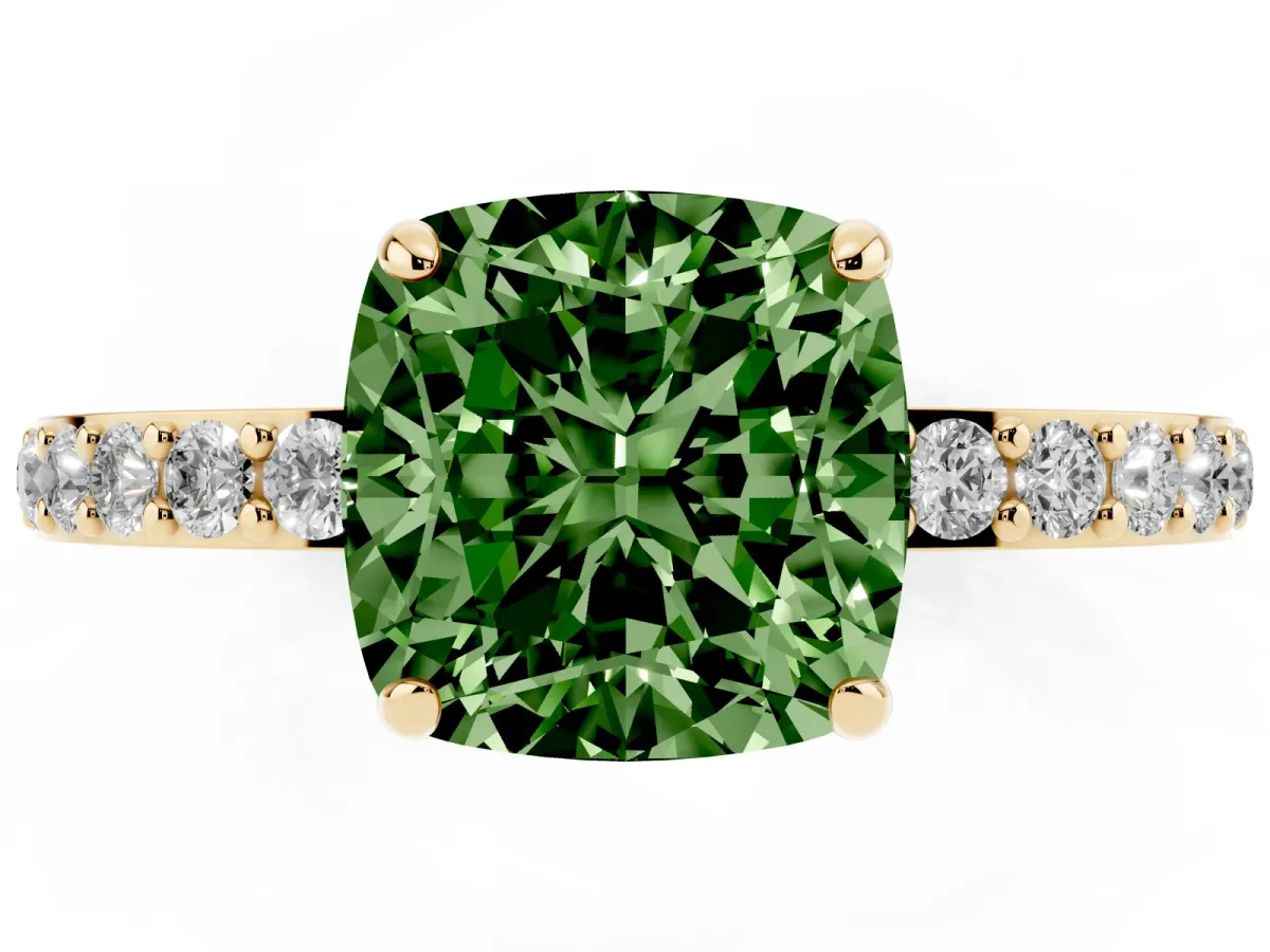Fancy Green Cushion Cut Diamond Pavé Engagement Ring with Round Accents and Prong Setting Yellow gold
