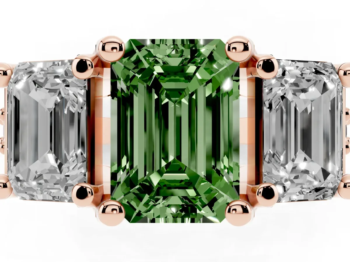 Fancy Green Emerald Cut Diamond Three-Stone Ring with Channel Set Band and Four-Prong Setting Rose gold