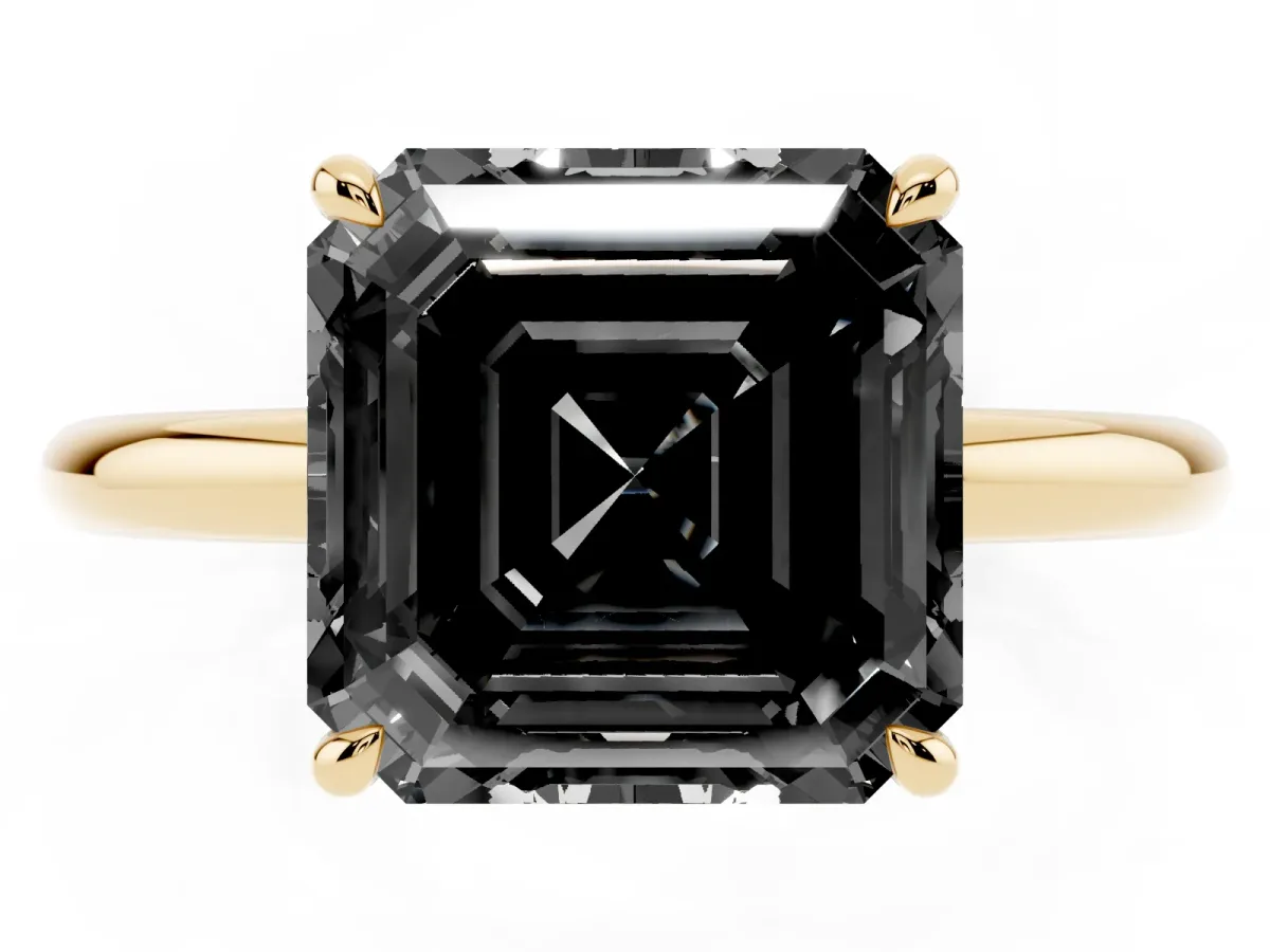 Fancy Black Asscher Cut Diamond Solitaire Ring with Thin Band and Four-Prong Setting Yellow gold