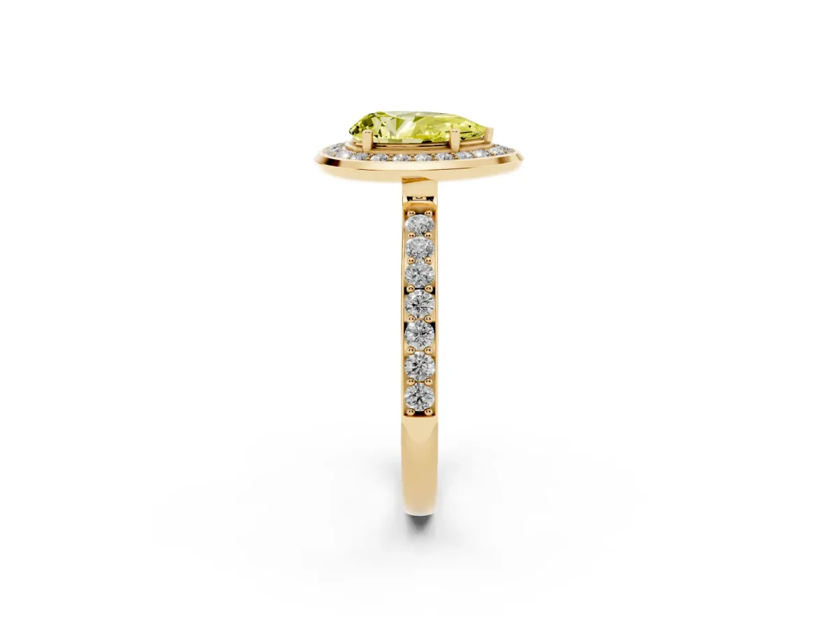 Fancy Yellow Pear Cut Diamond Halo Ring with Bezel Frame and Pavé Band Yellow gold