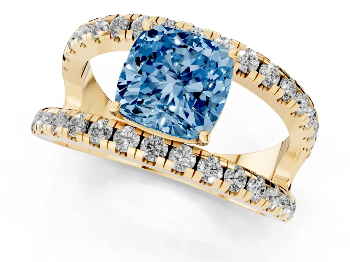 Fancy Blue Cushion Cut Solitaire Split Shank Pave Diamond Ring Yellow gold