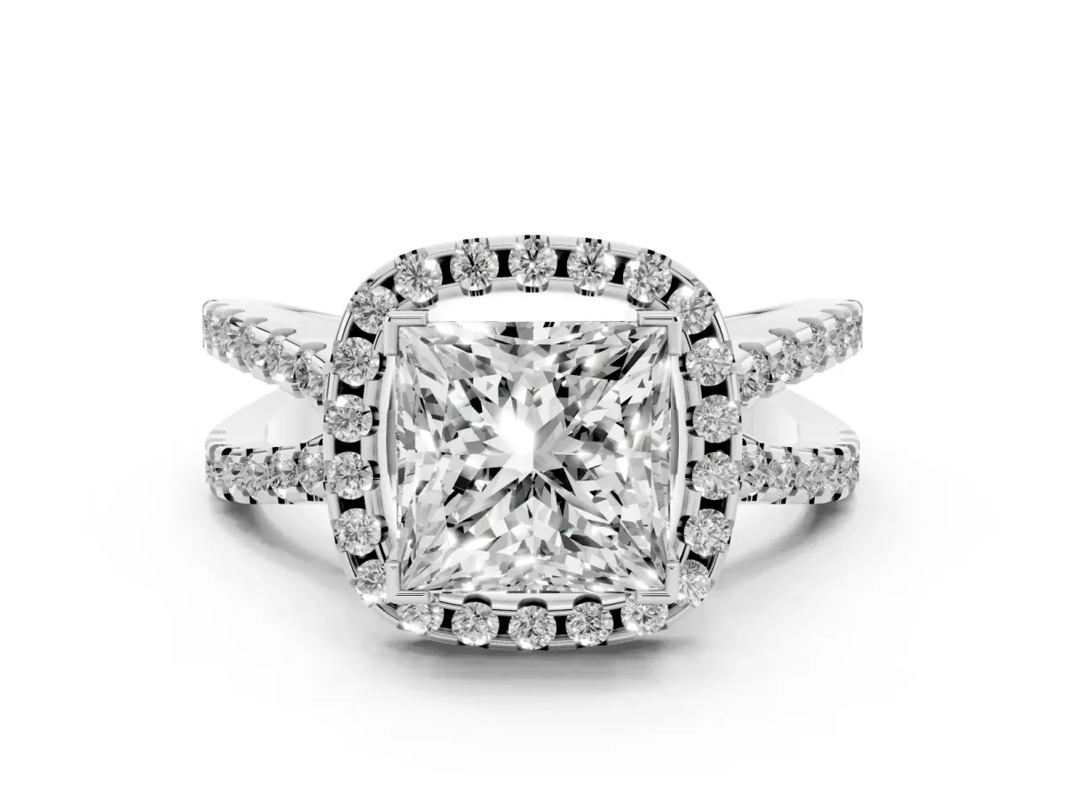 Princess Cut Diamond Halo Ring with Split Shank Pavé Band and Prong Setting Silver