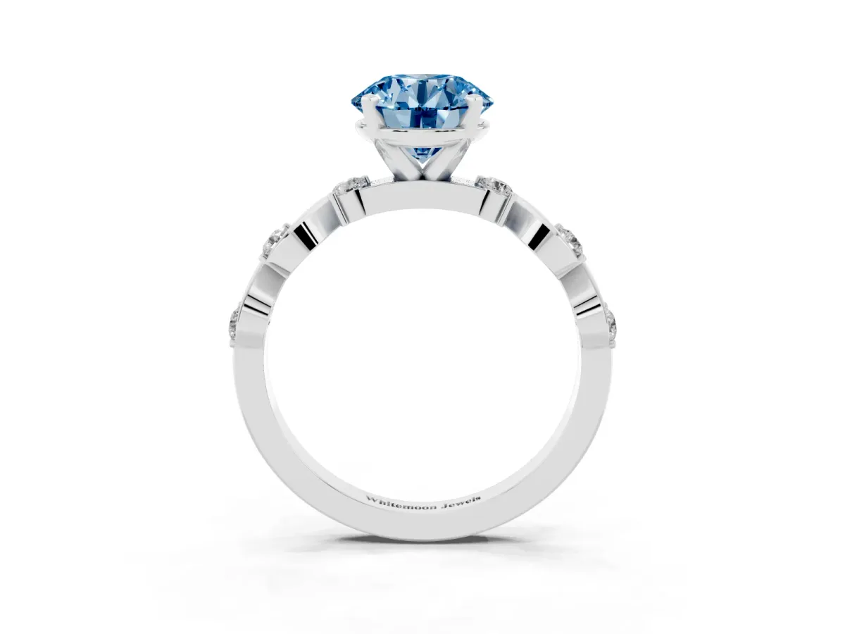 Fancy Blue Round Cut Diamond Solitaire Twisted Band with Round Accents and Prong Setting Silver