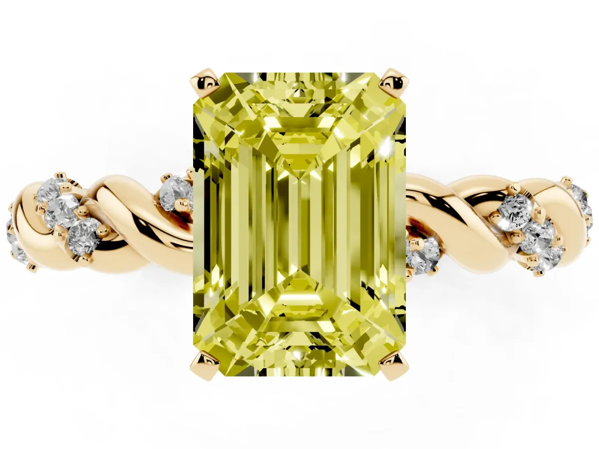 Fancy Yellow Emerald Cut Diamond Solitaire Ring with Twisted Band and Pavé Accents Yellow gold