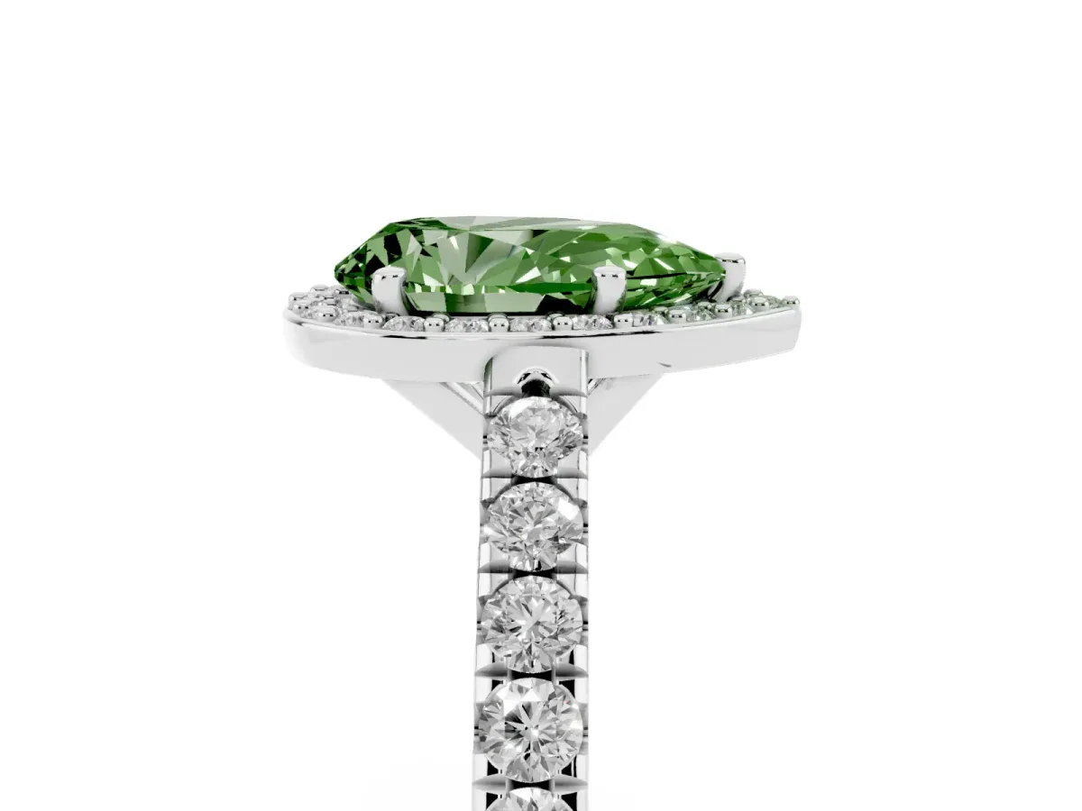 Fancy Green Pear Cut Cut Halo Diamond Engagement Ring with Pave Band and Four-Prong Setting White gold