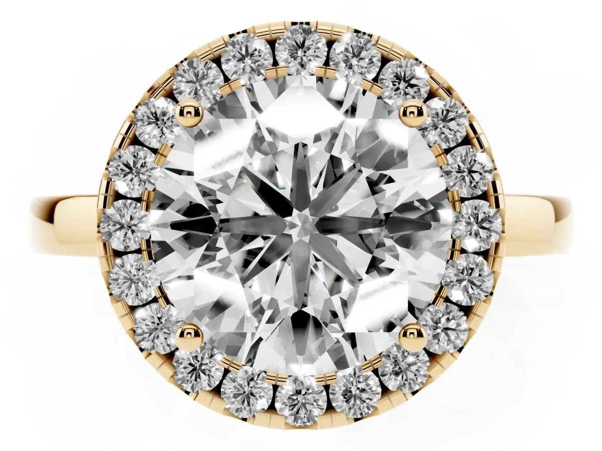 Round Cut Halo Diamond Solitaire with Pavé Band and Four-Prong Setting Yellow gold
