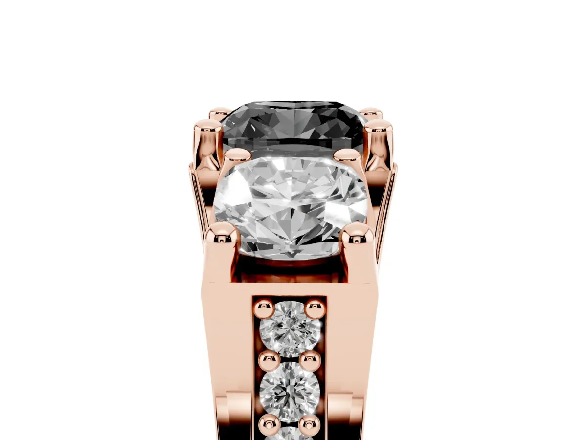 Fancy Black Cushion Cut Diamond Three-Stone Ring with Channel Set Band and Four-Prong Setting Rose gold