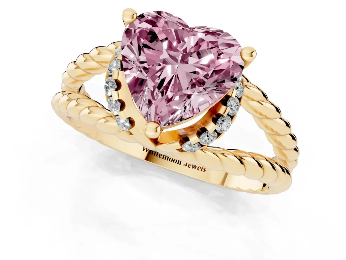 Fancy Pink Heart Cut Halo Twisted Band Four-Prong Ring Yellow gold