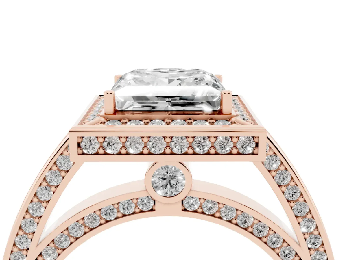 Princess Cut Cut Halo Pave Split Shank Prong Setting Ring Rose gold