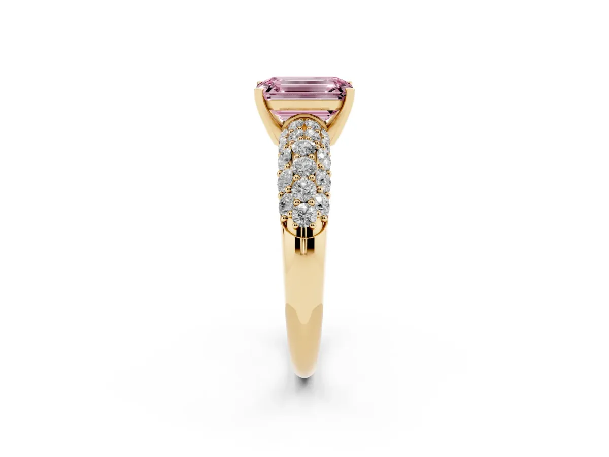 Fancy Pink Emerald Cut Diamond Pavé Band Solitaire Ring with Four-Prong Setting Yellow gold