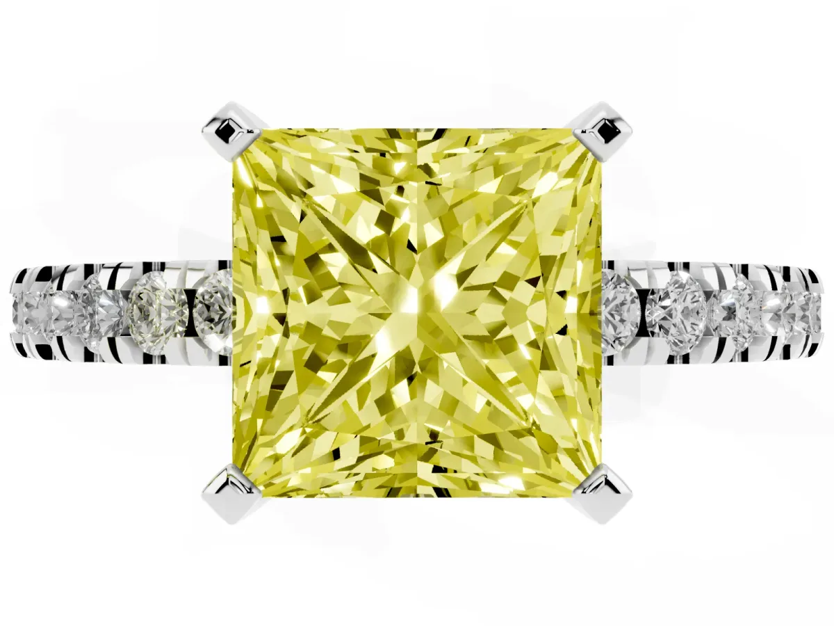 Fancy Yellow Princess Cut Solitaire Diamond with Pavé Band and Four-Prong Setting Platinum