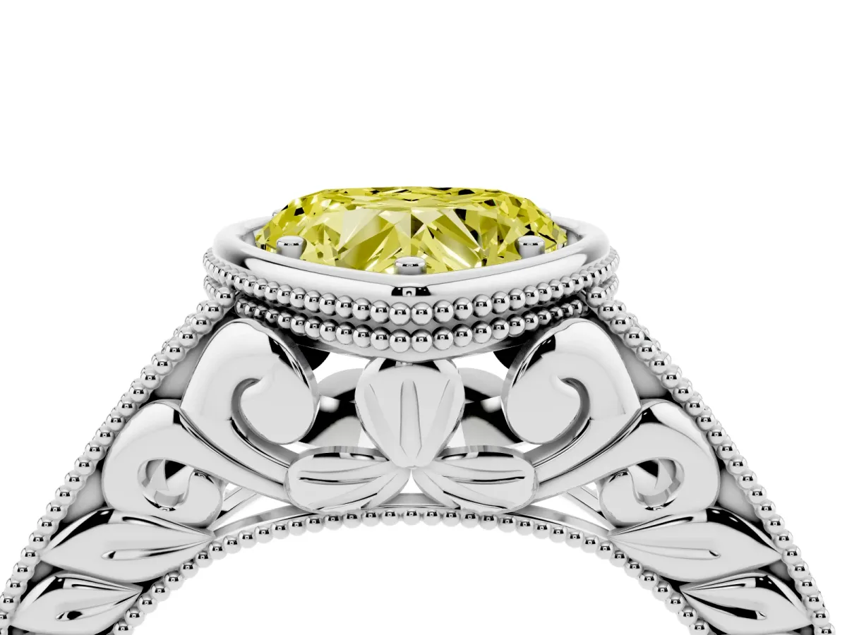 Fancy Yellow Bezel Set Heart Cut Diamond Milgrain Pave Engagement Ring Silver
