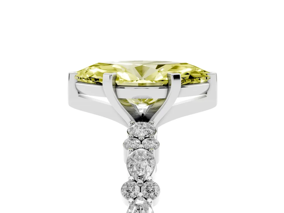 Fancy Yellow Marquise Cut Diamond Side Stone Solitaire Ring with Round and Four-Prong Setting Silver