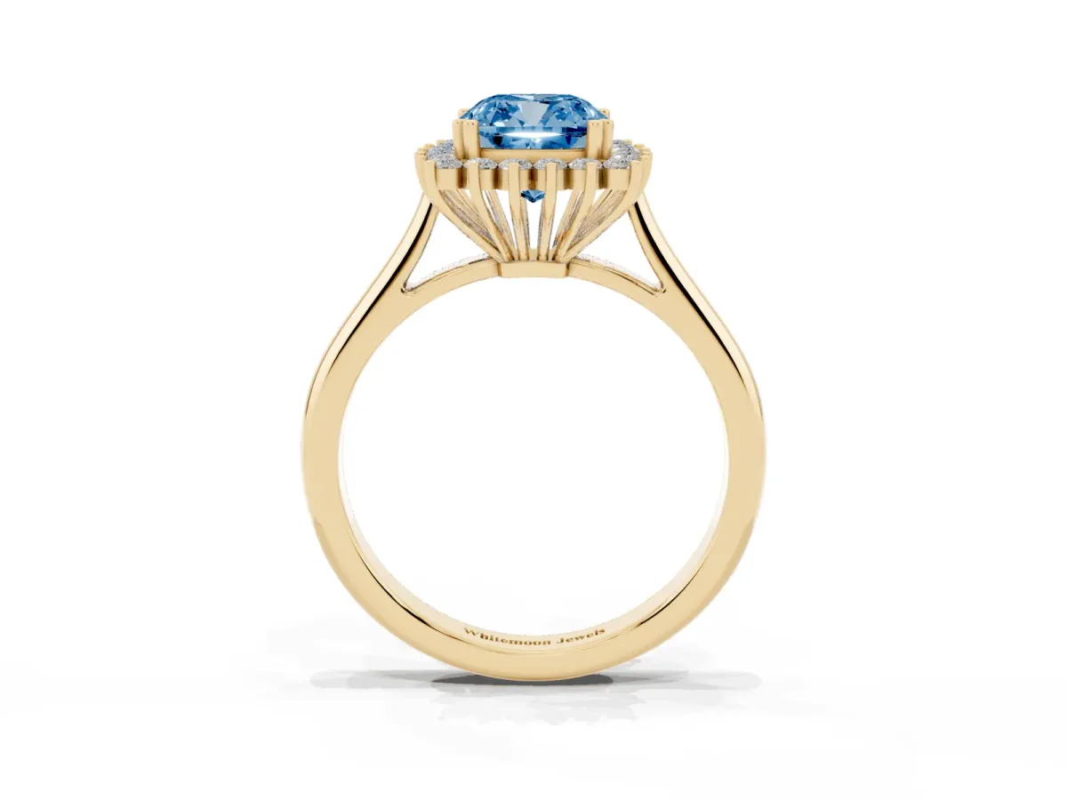 Fancy Blue Cushion Cut Cut Diamond Halo Ring with Solitaire Band and Prong Setting Yellow gold