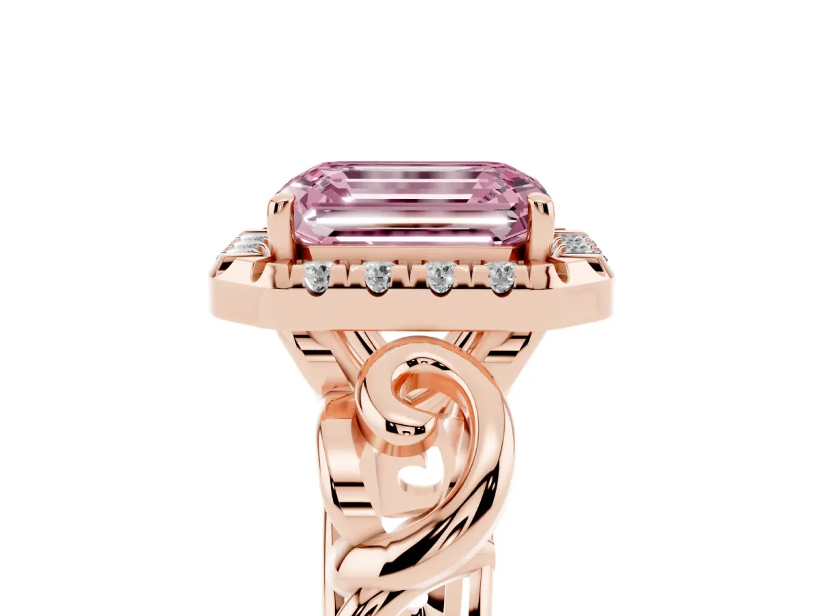 Fancy Pink Emerald Cut Cut Halo Diamond Ring with Scrollwork Band and Four-Prong Setting Rose gold