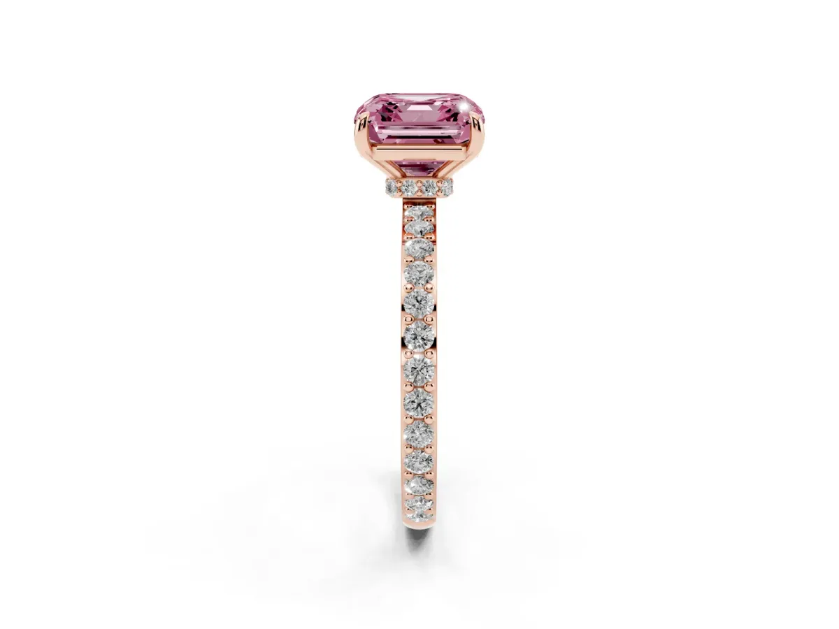 Fancy Pink Asscher Cut Diamond Pavé Engagement Ring with Round Accents and Prong Setting Rose gold