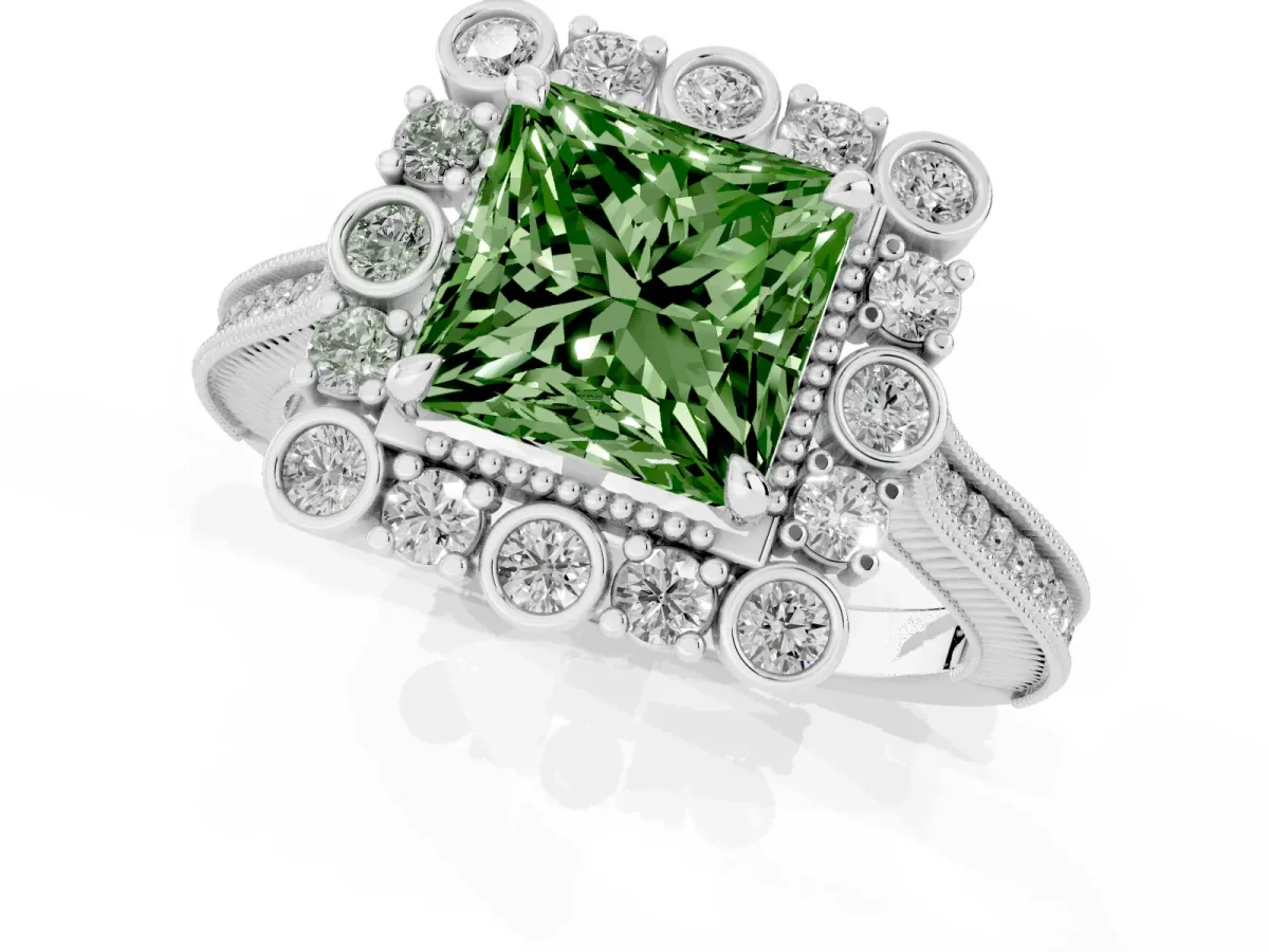 Fancy Green Princess Cut Halo Milgrain Pave Diamond Ring with Four-Prong Setting Silver