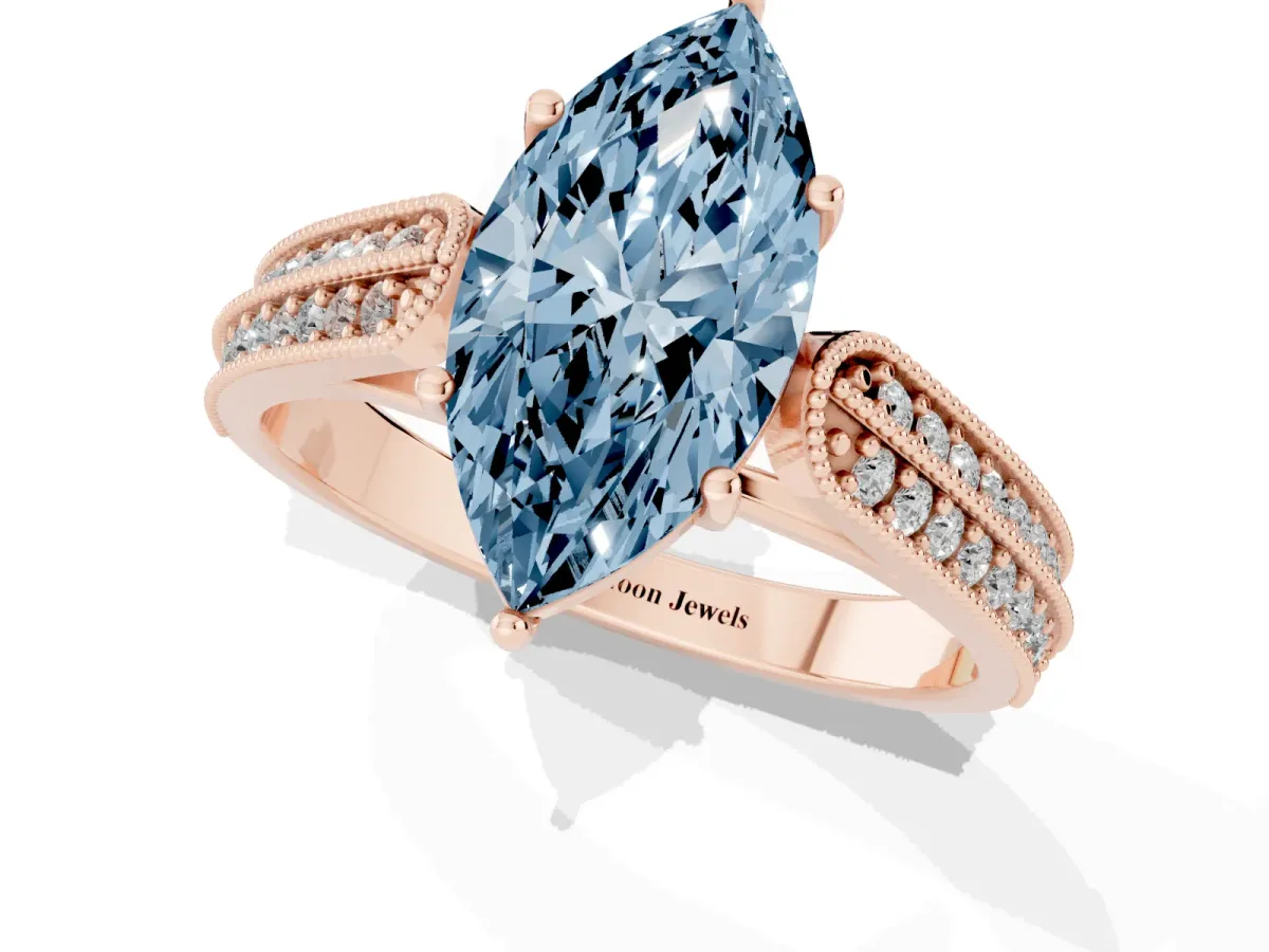 Fancy Blue Marquise Cut Cut Pave Split Shank Engagement Ring with Four-Prong Setting Rose gold