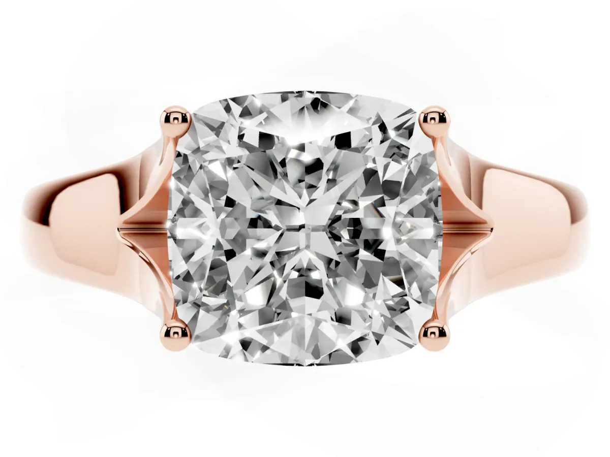 Cushion Cut Solitaire Diamond Ring with Cathedral Band and Four-Prong Setting Rose gold