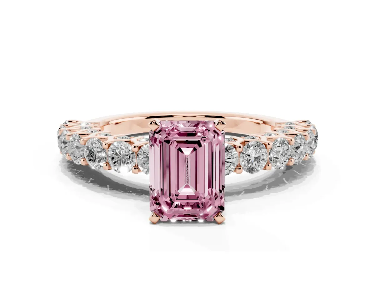Fancy Pink Emerald Cut Diamond Solitaire Ring with Shared Prong Pavé Band and Four-Prong Setting Rose gold