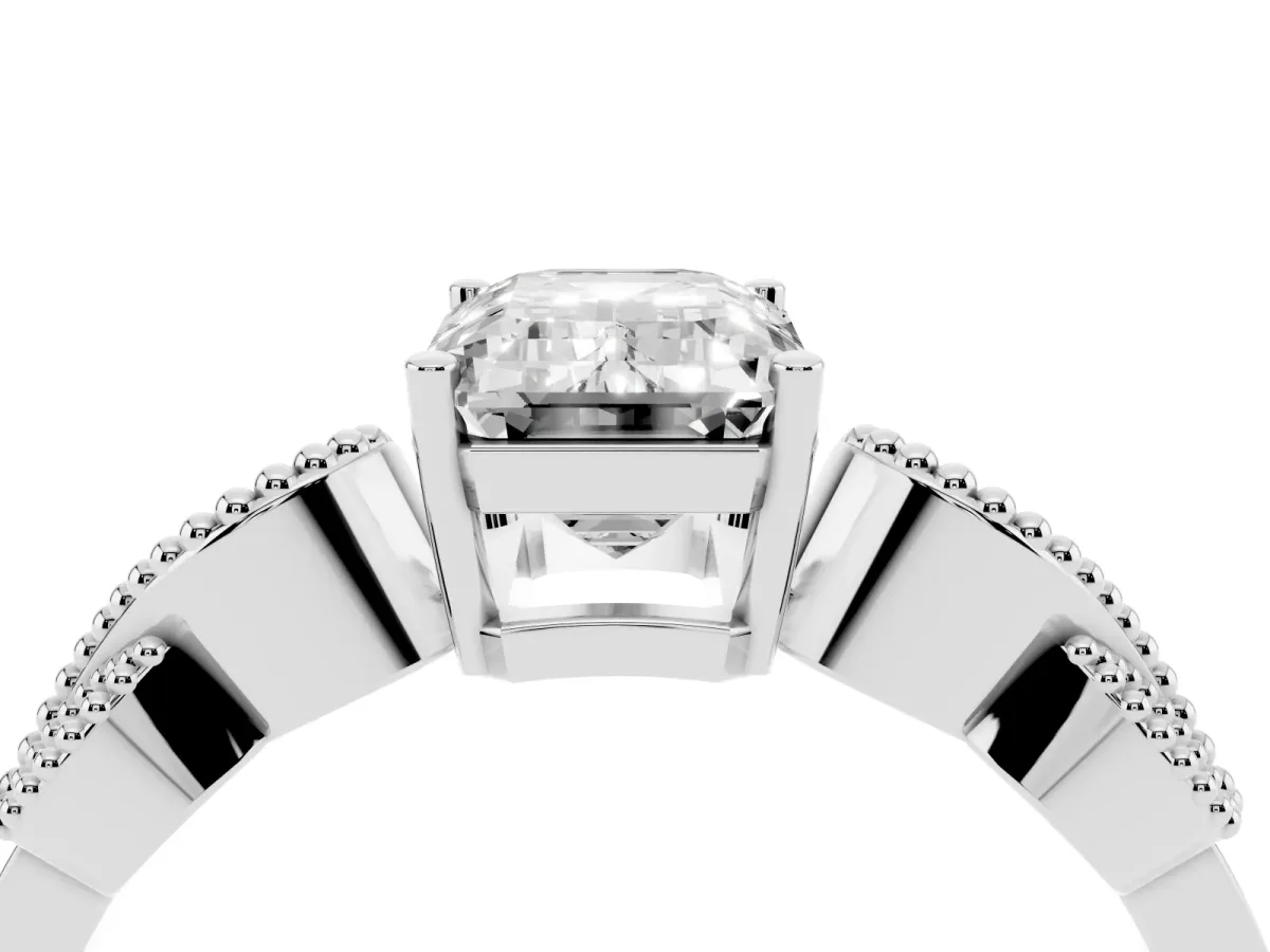 Emerald Cut Solitaire Milgrain Leaf Band with Prong Setting Silver