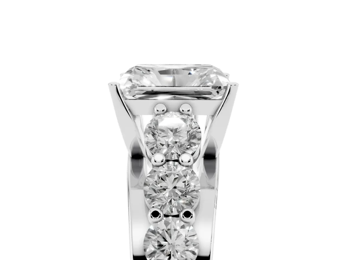 Radiant Cut Diamond Engagement Ring with Pavé Band and Four-Prong Setting Silver