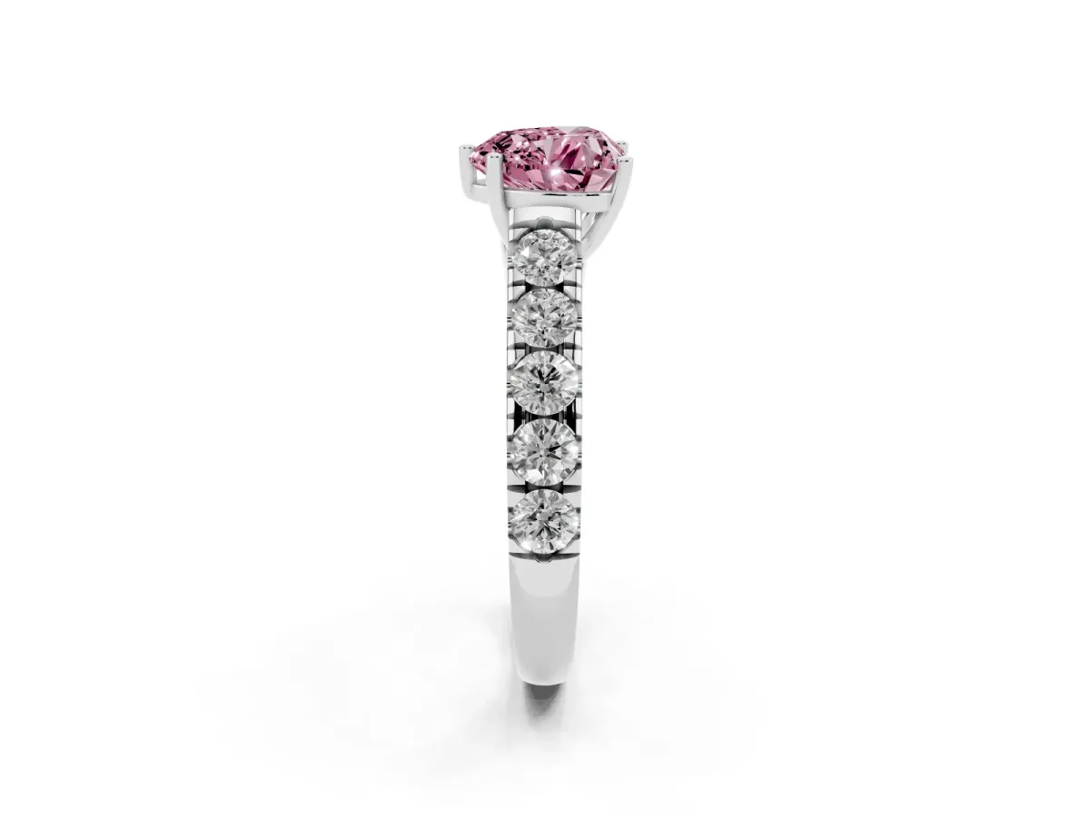 Fancy Pink Heart Cut Cut Diamond Solitaire Ring with Micro Pave Band and Prong Setting Silver