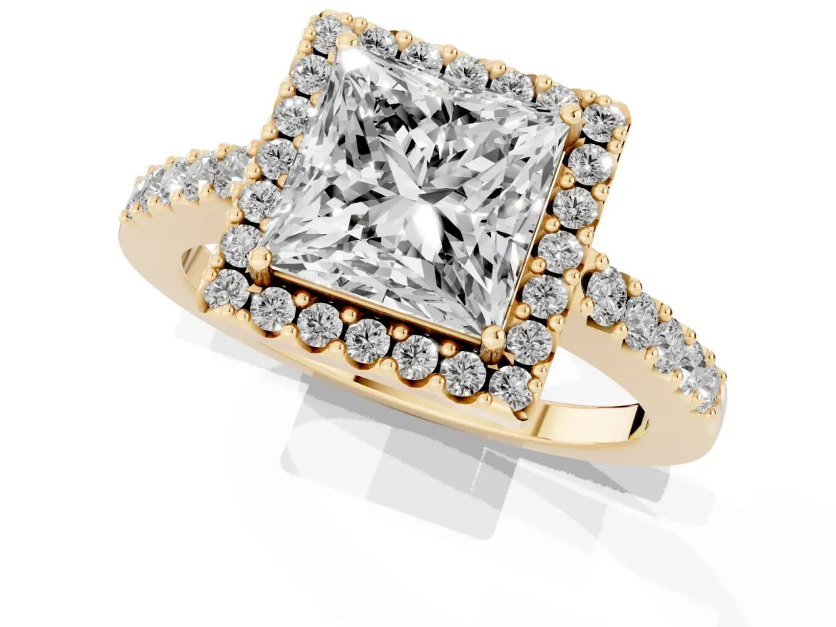 Princess Cut Halo Diamond Pavé Solitaire Ring Yellow gold