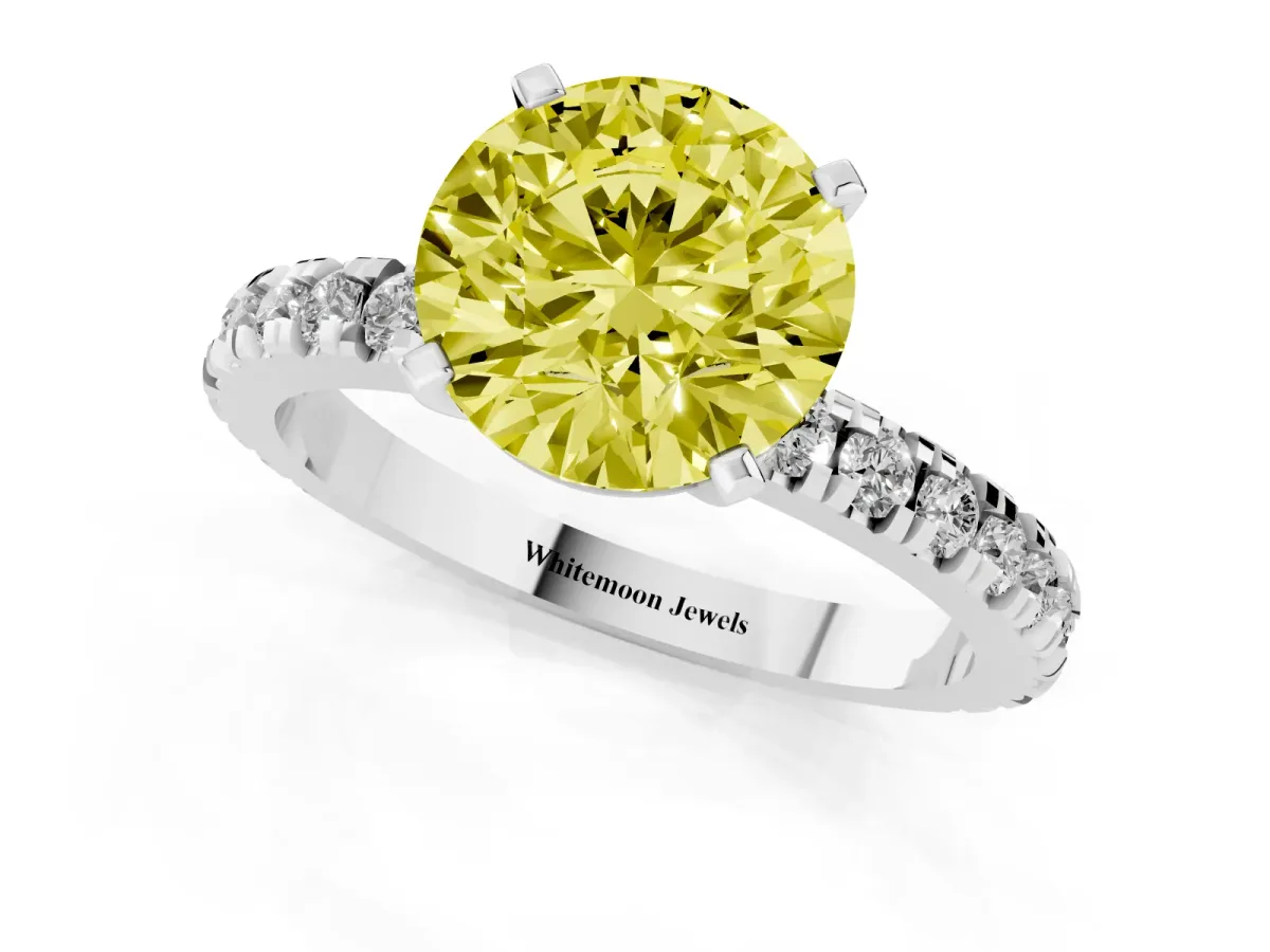 Fancy Yellow Round Cut Diamond Pavé Band Solitaire with Four-Prong Setting Silver