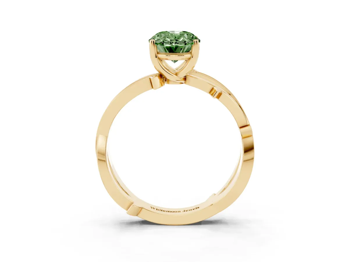Fancy Green Oval Cut Solitaire Twist Band with Pavé Accents and Four-Prong Setting Yellow gold