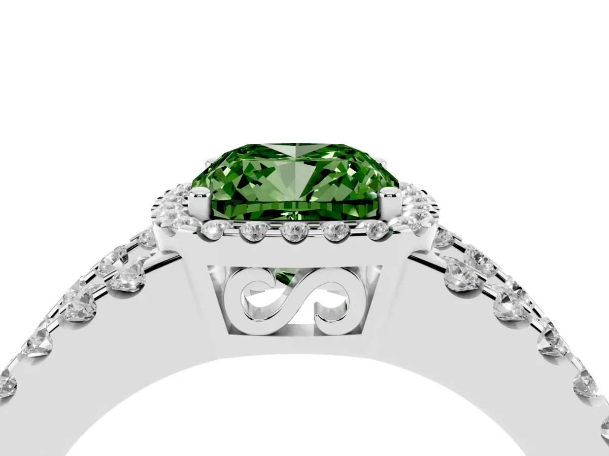 Fancy Green Cushion Cut Cut Halo Split Shank Diamond Ring with Four-Prong Setting Silver